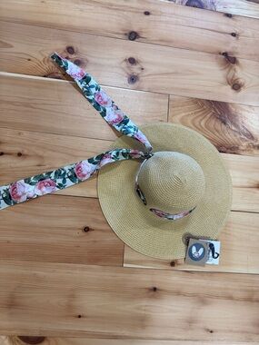 Straw Sun Hat with Floral Scarf Tie - Beige